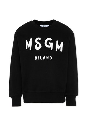 Czarna bluza z długim rękawem z białym, dużym napisem „MSGM” oraz mniejszym „MILANO” na przodzie, posiadająca okrągły dekolt i ściągacze na mankietach.