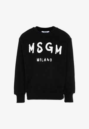 Czarna bluza z długim rękawem z białym, dużym napisem „MSGM” oraz mniejszym „MILANO” na przodzie, posiadająca okrągły dekolt i ściągacze na mankietach.