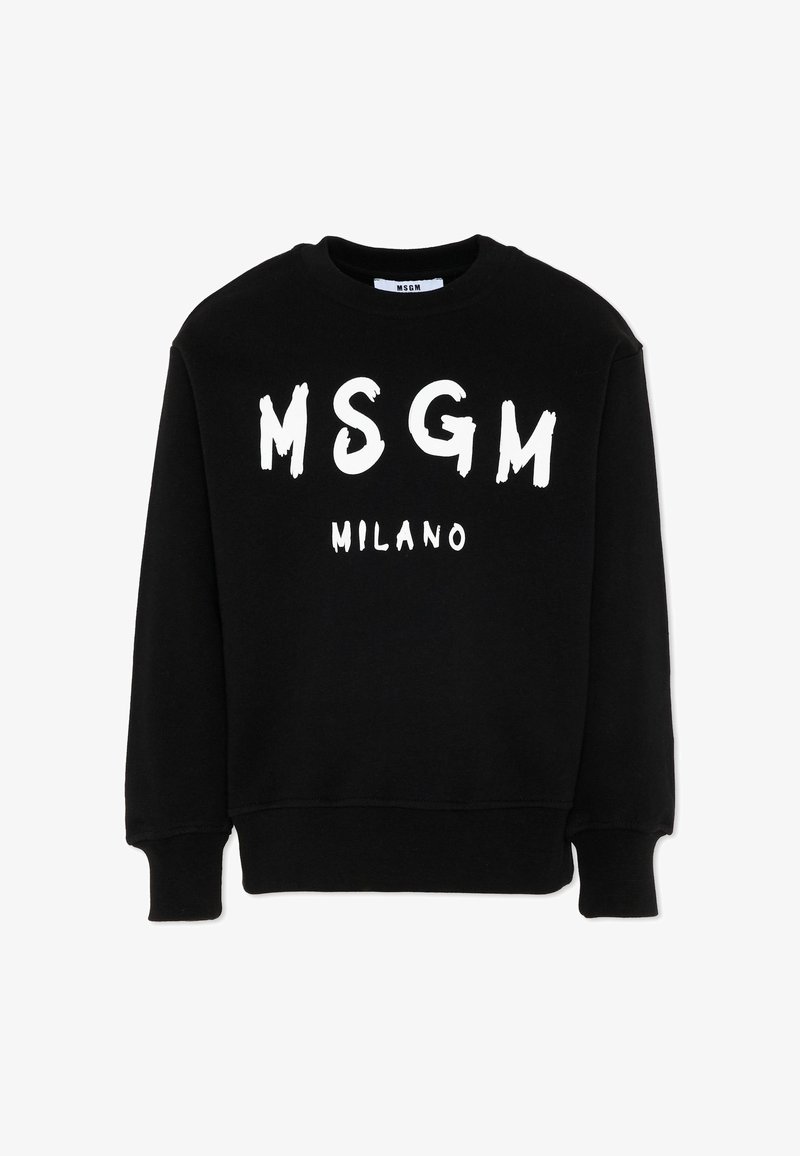 Sweat-shirt noir à manches longues avec le texte blanc en gras "MSGM" et le texte plus petit "MILANO" sur le devant, avec un col rond et des poignets côtelés.