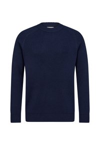 Pull bleu marine côtelé avec un col rond, des manches longues et un motif texturé. Tissu en maille plate avec une silhouette ajustée.