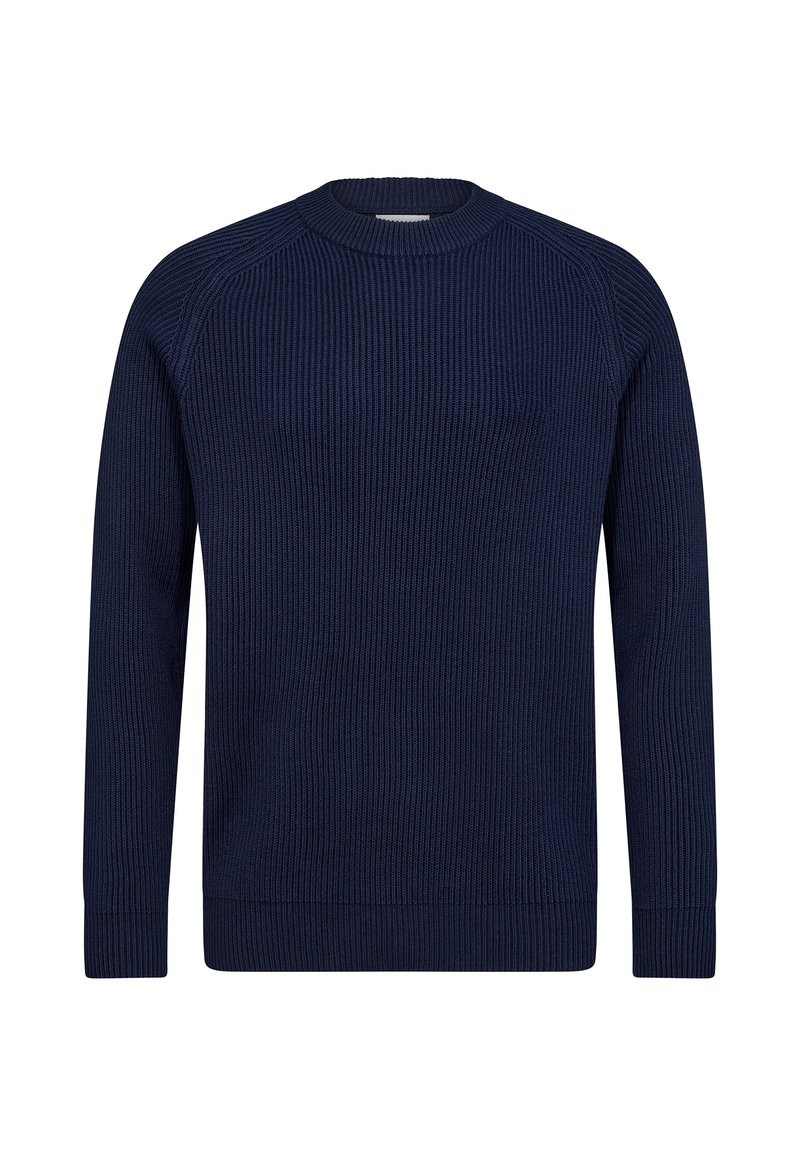 Pull bleu marine côtelé avec un col rond, des manches longues et un motif texturé. Tissu en maille plate avec une silhouette ajustée.