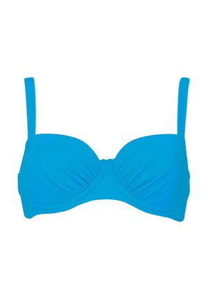 Leuchtend blaues Bikini-Oberteil mit Bügelcups und verstellbaren Schulterriemen auf weißem Hintergrund.
