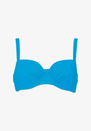Top bikini blu brillante con coppe a ferretto e spalline regolabili su sfondo bianco.