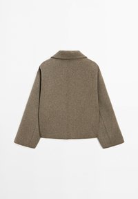 Brown woolen coat with a wide collar, long sleeves, and a straight, boxy cut shown from the back.