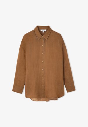 Brown, button-up shirt made from lightweight fabric. Features a classic collar, relaxed fit, and long sleeves with button cuffs.