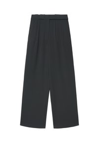 Pantalon large en tissu gris foncé, doté d'une taille haute, d'un devant plissé et d'une texture lisse, sans attaches ni poches visibles.