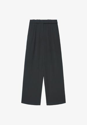 Hose mit weitem Bein aus dunkelgrauem Stoff, mit hoher Taille, plissierter Vorderseite und glatter Textur, ohne sichtbare Verschlüsse oder Taschen.