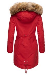 Rode parka jasje met een bontomzoomde capuchon, verstelbare taille en onderkant. Beschikt over een gladde textuur en een geborduurd logo op de achterkant.