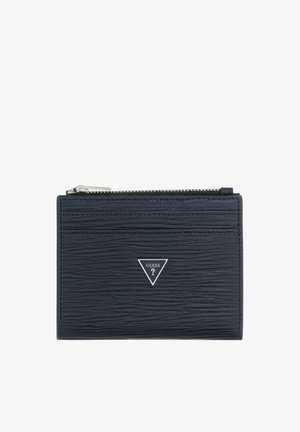 Schwarze strukturierte Brieftasche mit silbernem Reißverschluss oben und dreieckigem Guess-Logo mittig auf der Vorderseite.