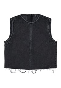 Black denim sleeveless vest with a rounded neckline, visible stitching, two front pockets, and raw hem detailing.