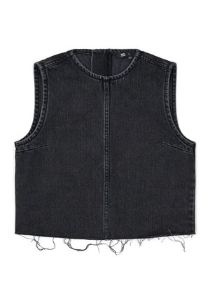 Black denim sleeveless vest with a rounded neckline, visible stitching, two front pockets, and raw hem detailing.