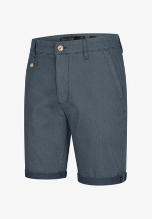 Pánske denimové šortky v tmavomodrej farbe s textúrovaným vzorom, s rukávmi na zrolovanie, prednými vreckami a kovovým zapínaním na gombík. Navrhnuté s moderným strihom.