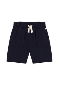 Μπλε ναυτικό βαμβακερό σορτς με ελαστική μέση και εκρού κορδόνι, διαθέτει δύο μπροστινές τσέπες και λογότυπο στο πλάι.