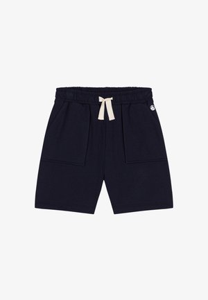 Tamsiai mėlyni medvilniniai šortai su elastinga juosmens juosta ir kreminės spalvos raišteliu, turintys dvi priekinės kišenes ir logotipo akcentą šone.