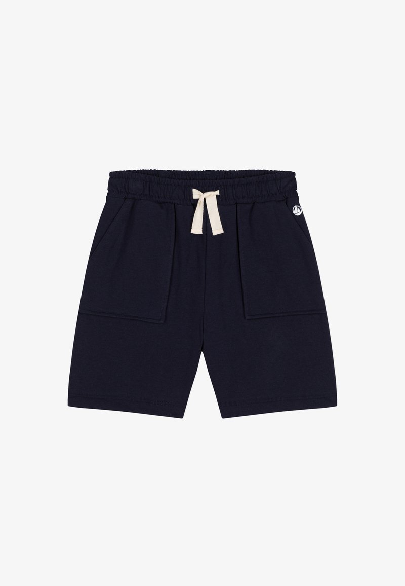 Μπλε ναυτικό βαμβακερό σορτς με ελαστική μέση και εκρού κορδόνι, διαθέτει δύο μπροστινές τσέπες και λογότυπο στο πλάι.