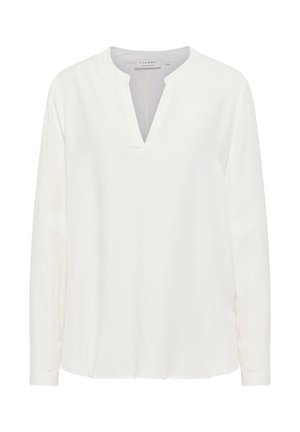 Witte blouse met lange mouwen en een V-hals, gemaakt van een gladde stof. Heeft een ontspannen pasvorm en een licht gebogen zoom. Geen patronen of versieringen.