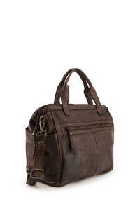 Brown leather handbag with dual top handles, detachable shoulder strap, front zippered pocket, and smooth texture.