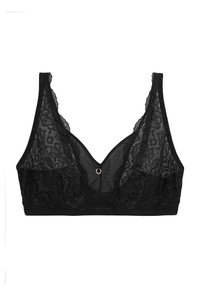 Un bralette en dentelle noire avec un décolleté en V profond, orné de motifs floraux et d'un accent en or rose au centre frontal. Bande douce en bas.