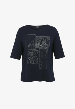 Marineblaue T-Shirt mit Rundhalsausschnitt und kurzen Ärmeln, verziert mit silbernen, gepunkteten Textmustern in einem Gitterlayout auf der Vorderseite.