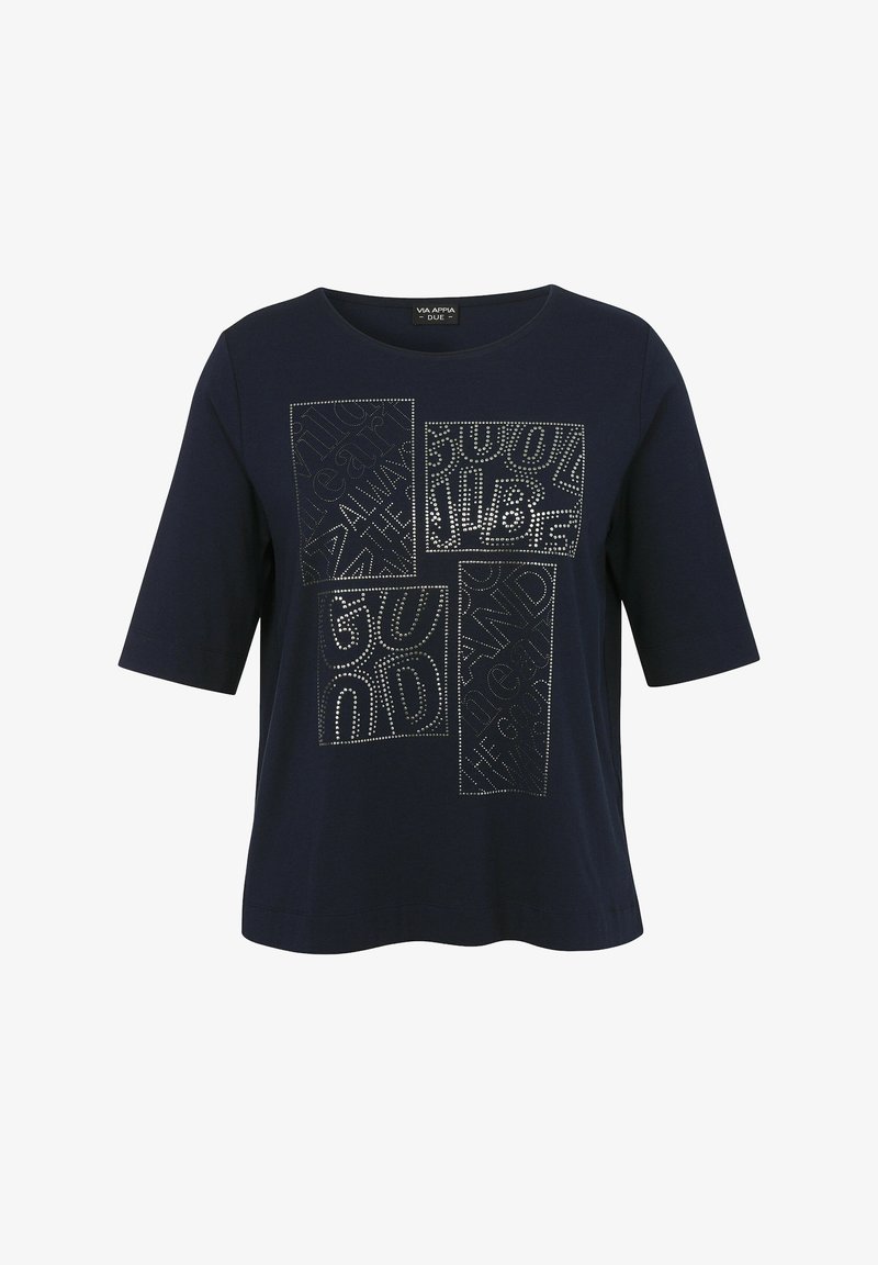 Navy blue T-shirt featuring a round neckline and short sleeves, adorned with silver studded text patterns in a grid layout across the front.