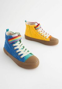 Tenisi înalți din catifea colorată, cu talpă din cauciuc. Panouri albastre, galbene și verzi, șireturi albe și curele multicolore la glezna.