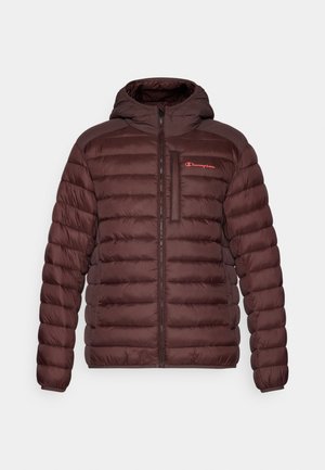 Brown padded jacket with a hood, featuring a front zipper and a logo on the chest. Smooth texture with thick quilted sections.