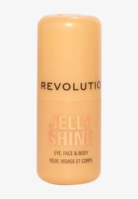 Gul, sylinderformet beholder merket "REVOLUTION JELLY SHINE," med en blank overflate. Tekst i svart og oransje som angir bruk for øyne, ansikt og kropp.