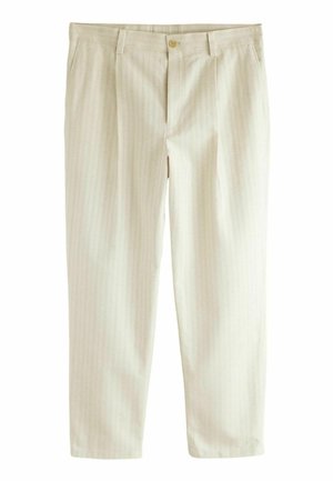 Beige striped trousers with a relaxed fit, front pleats, a button closure, and pockets. Fabric appears smooth with a subtle texture.