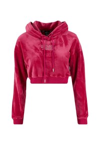 Helle pinke Crop-Hoodie aus weichem, samtigem Material. Mit einer Kapuze mit Kordelzug und einem Logo-Akzent aus Strass.