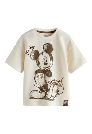Cremefarvet t-shirt med korte ærmer med en brun skitse af Mickey Mouse med teksten "Mickey" og "One of a Kind."