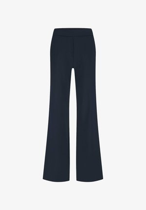 Marineblauwe wijde broek met een elastische tailleband, vervaardigd uit zachte stof, met een gladde textuur en zonder zichtbare zakken of versieringen.