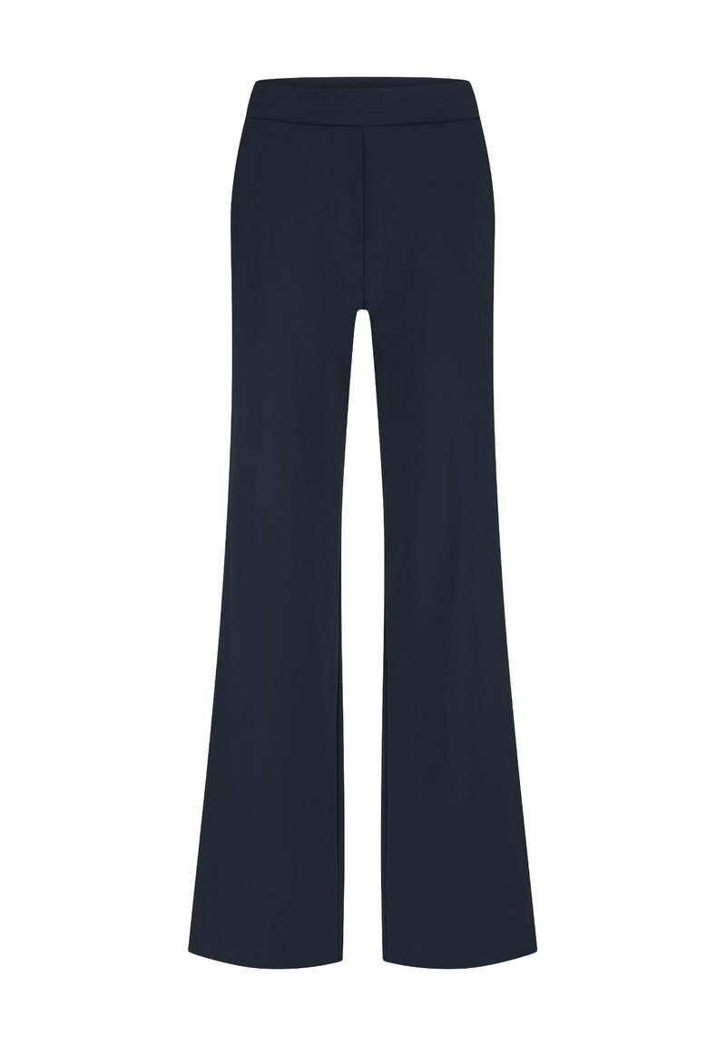 Marineblauwe wijde broek met een elastische tailleband, vervaardigd uit zachte stof, met een gladde textuur en zonder zichtbare zakken of versieringen.