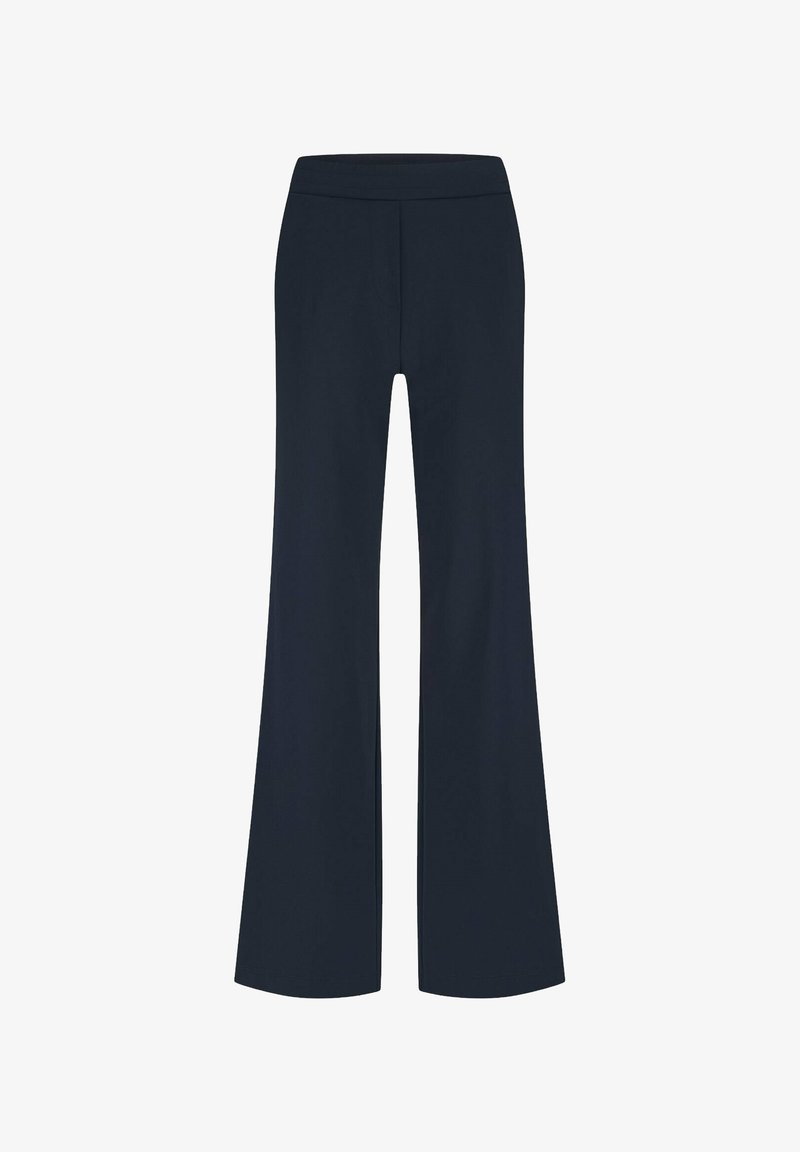 Marineblauwe wijde broek met een elastische tailleband, vervaardigd uit zachte stof, met een gladde textuur en zonder zichtbare zakken of versieringen.