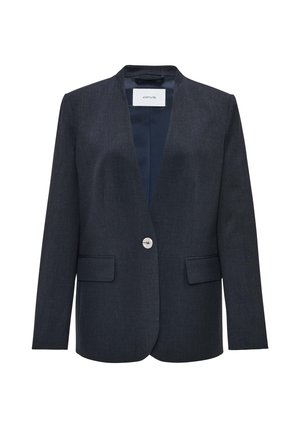 Dark blue blazer with a notched collar, single front button closure, two front pockets, and smooth textured fabric. Minimalist design.