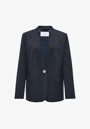 Dark blue blazer with a notched collar, single front button closure, two front pockets, and smooth textured fabric. Minimalist design.