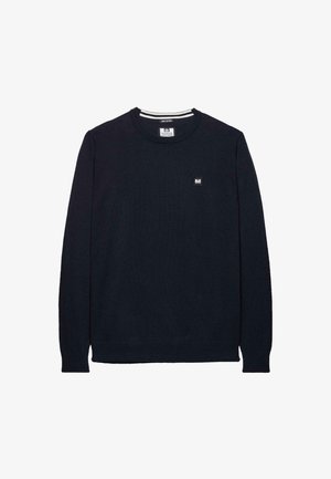 Tamno plavi dukserica s okruglim izrezom, dugim rukavima i malim logom na prsima. Izrađena od mekog, teksturiranog materijala.