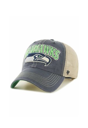 Seattle Seahawks honkbalpet met blauwe voorkant, beige mesh rug, groene letters en teamlogo op het voorpaneel.