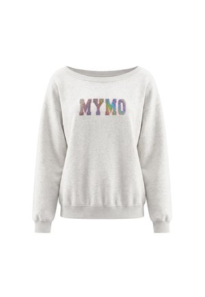 Lysegrå sweatshirt med lange ærmer med ribkant ved ærmer og kant, med flerfarvet glitrende tekst "MYMO" foran.