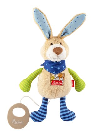 Plush beige bunny with blue polka-dot ears, green striped arms, blue striped legs, star-patterned scarf, and attached beige pull ring.