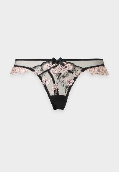 String en dentelle noire transparente avec broderie florale rose et un petit nœud noir au centre devant.