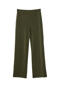 Pantaloni ampi color verde oliva realizzati in tessuto morbido, con alta vita e dettagli sulle cuciture anteriori e posteriori per un aspetto strutturato.