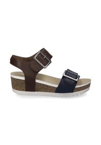 Braune und marineblaue Keilsandalette mit zwei verstellbaren Riemen, silbernen Schnallen, Korksohle und weißer Gummisohle. Glattes Leder.