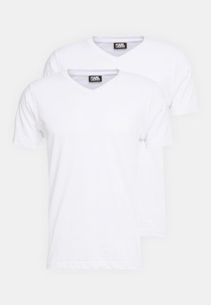 Two white, short-sleeve V-neck T-shirts made of soft cotton fabric, featuring a simple design and standard fit.