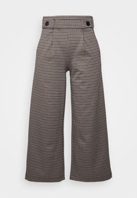 Bruna och krämfärgade hundtandsmönstrade vida byxor med hög midja, två framfickor och svarta knappar vid midjan.