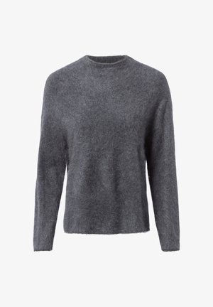 Pull en tricot gris avec un col rond et des manches longues. Texture douce et pelucheuse avec une coupe décontractée. Aucune motif ou accent visible.