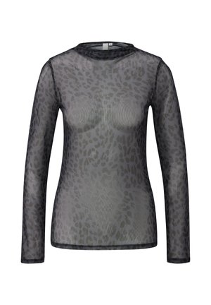Top lungo a maniche trasparenti nero con motivo leopardato, con scollatura rotonda e bordi a contrasto. Tessuto leggero e testurizzato.