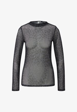 Schwarzes, transparentes Langarmoberteil mit Leopardenmuster, rundem Ausschnitt und kontrastierenden Kanten. Leichter, strukturierten Stoff.