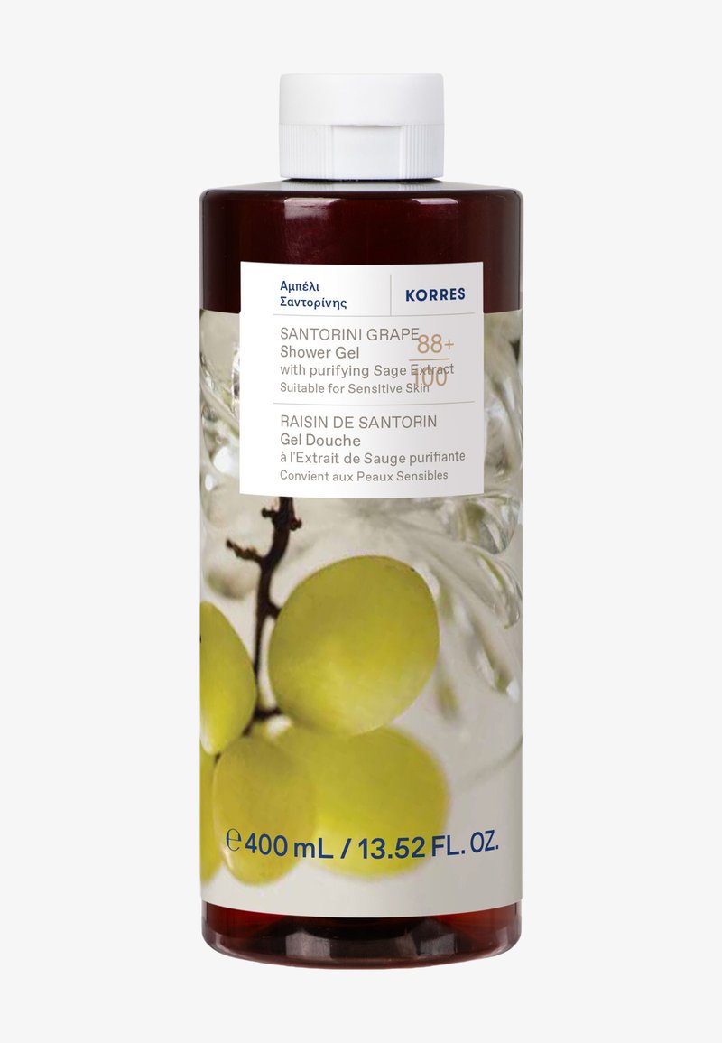 Korres Santorini Grape shower gel bottle with white cap, grape image on label, 400 mL, suitable for sensitive skin, purifying sage extract.