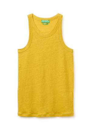 Débardeur jaune en coton sans manches avec encolure ronde et étiquette verte indiquant "United Colors of Benetton" sur fond blanc.