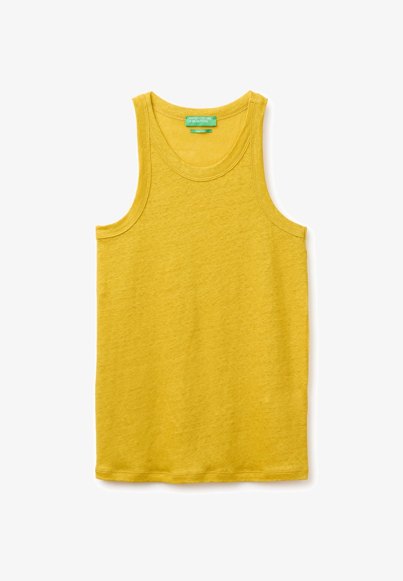 Débardeur jaune en coton sans manches avec encolure ronde et étiquette verte indiquant "United Colors of Benetton" sur fond blanc.